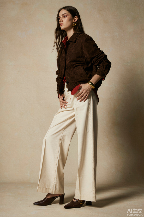 Chocolate suede jacket over wide-leg cream trousers, tactile texture contrast, fall 2026 fabric trend
