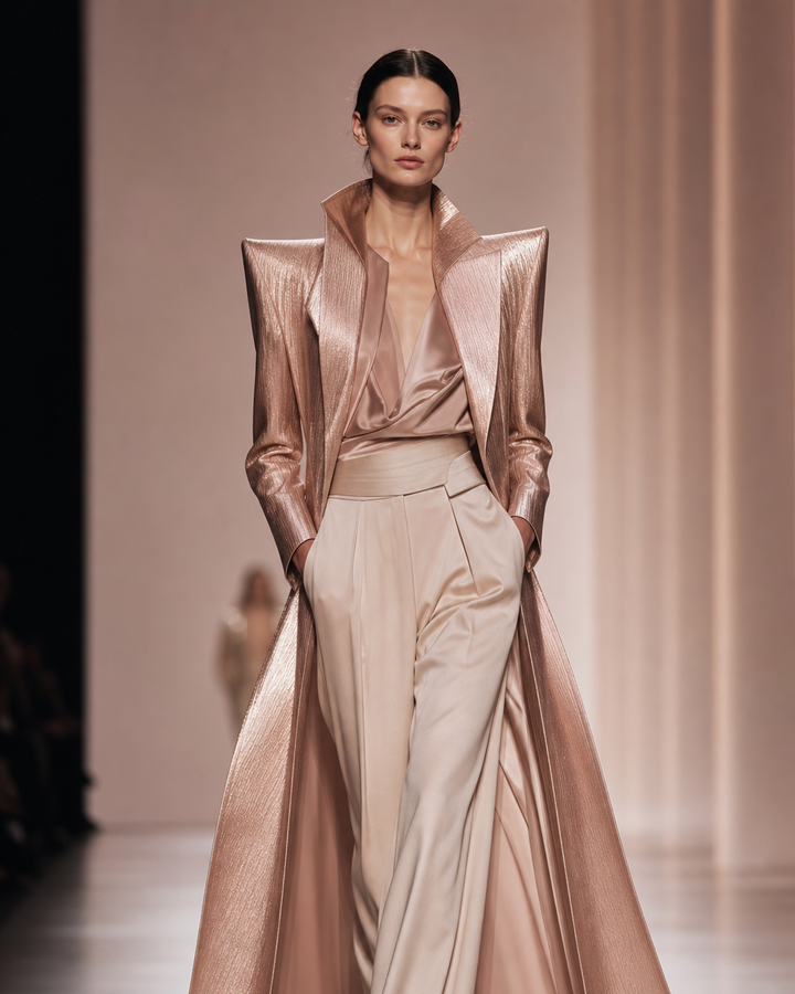 New York Fashion Week SS27 runway with a structured architectural silhouette in rose-gold light