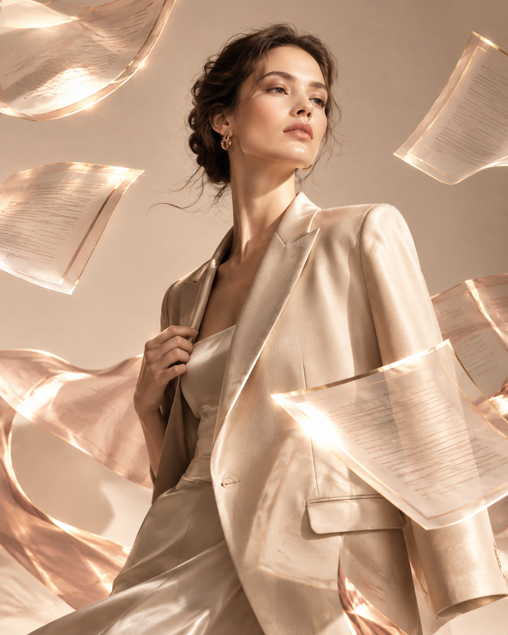 Rose-gold editorial of a tailored blazer draped with floating translucent legal-document sheets, representing US fashion sustainability regulation