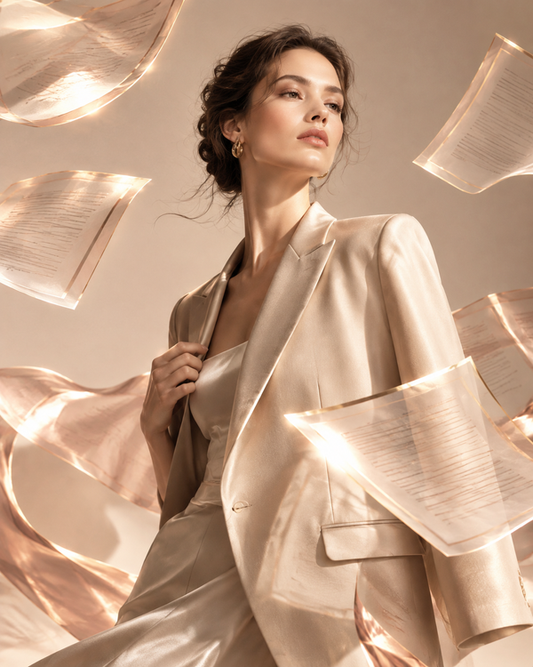 Rose-gold editorial of a tailored blazer draped with floating translucent legal-document sheets, representing US fashion sustainability regulation
