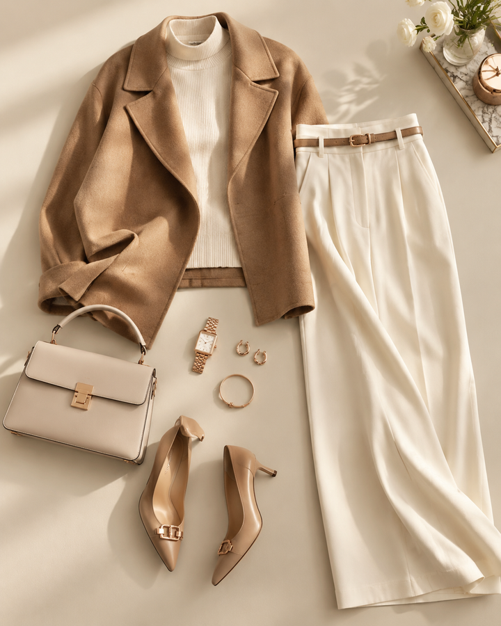 Minimalist camel and cream womenswear separates with rose-gold accents, editorial flat-lay