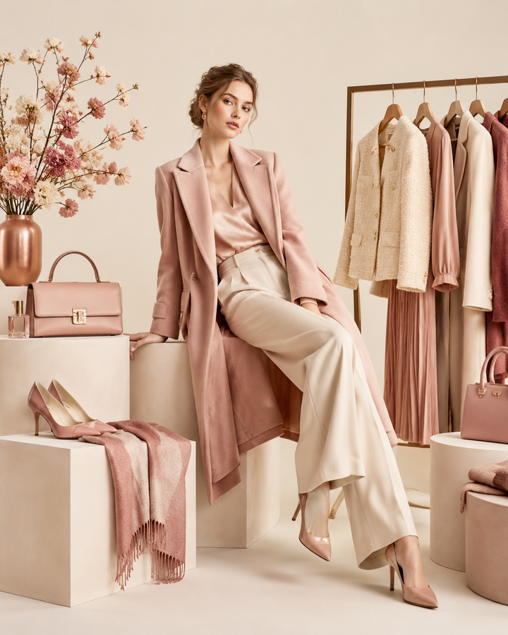 Small-format neighborhood fashion store interior in blush tones, clean bright minimal editorial