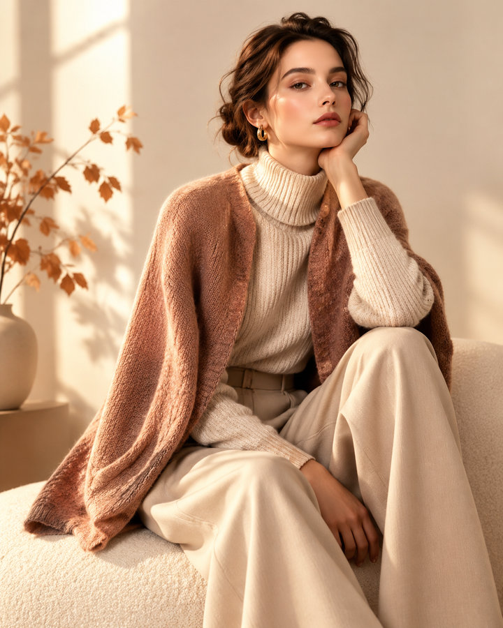 Layered rose-gold knit and trouser, warm autumn minimalism editorial fashion