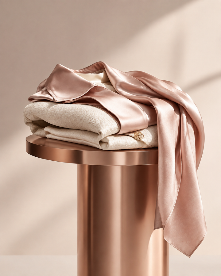 Editorial still life of a folded silk and cotton garment on a rose-gold pedestal, blush and cream tones, symbolising US apparel sourcing