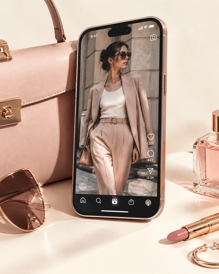 Smartphone showing an Instagram Reels interface with a fashion clip in rose-gold tones