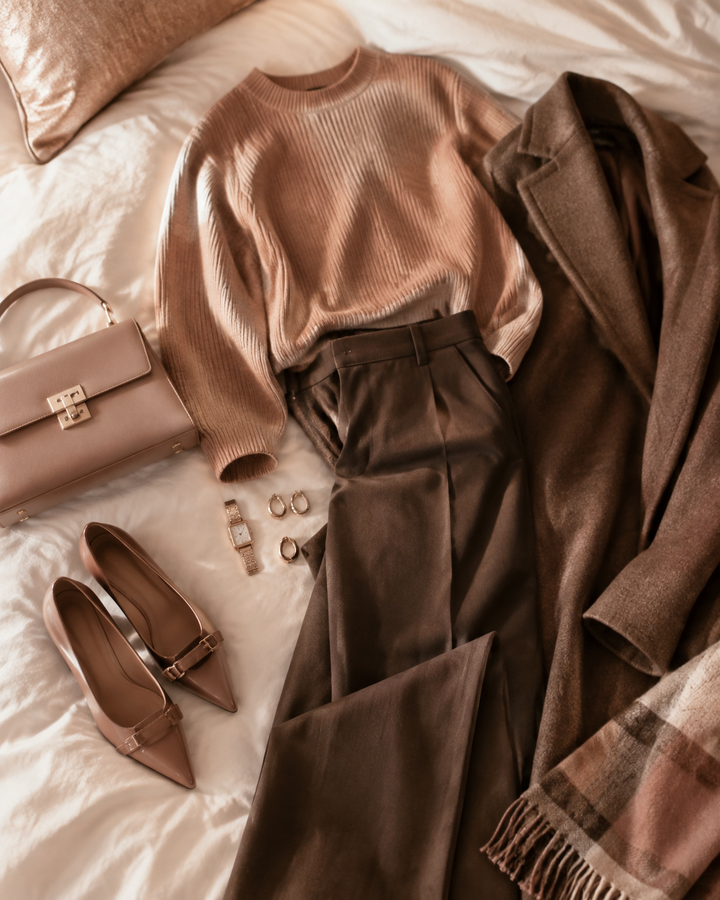 Rose-gold and mocha brown editorial flat lay of a fall capsule outfit on a bed, quiet luxury