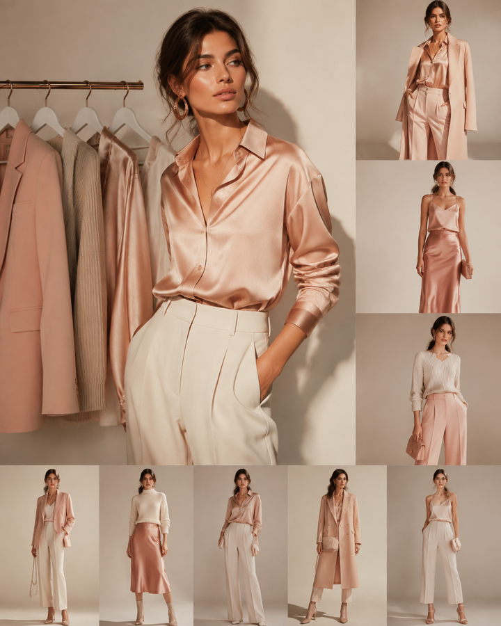 Capsule wardrobe separates laid out flat in a neutral cream and chocolate palette
