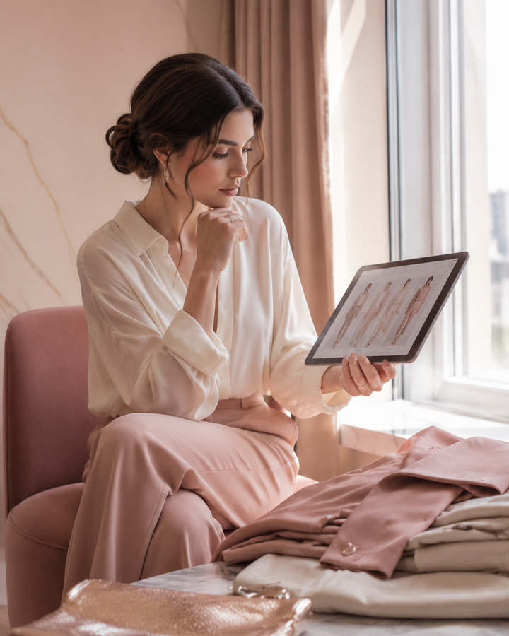 Woman by a bright window thoughtfully comparing clothing options on a tablet