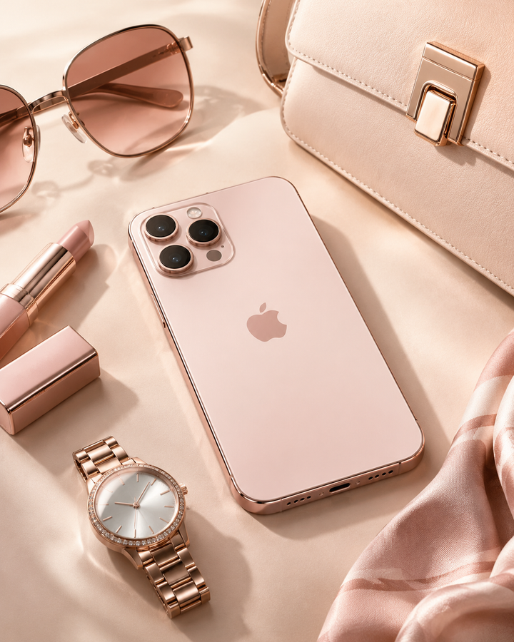 Rose-gold editorial still life of a smartphone showing fashion live-shopping on a soft studio background