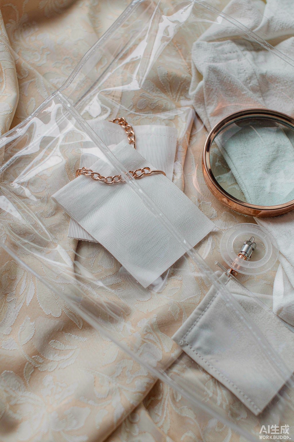 Editorial still life of fashion labels and hangtags, one tag blurred, rose-gold and cream palette