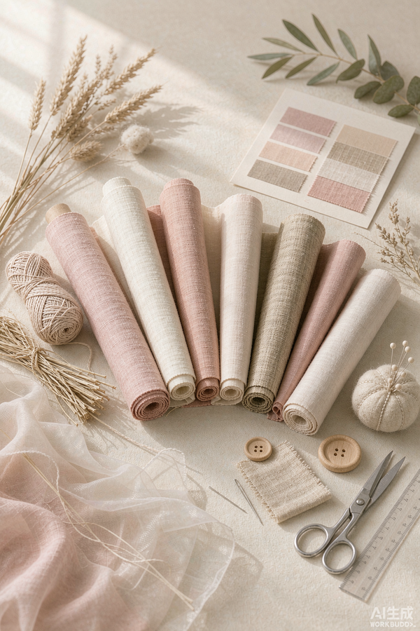 Editorial flat lay of recycled and regenerated textiles in blush and nude tones, sustainable fashion still life