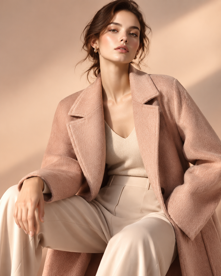 A beloved timeless wool coat worn open in soft rose-gold light, editorial