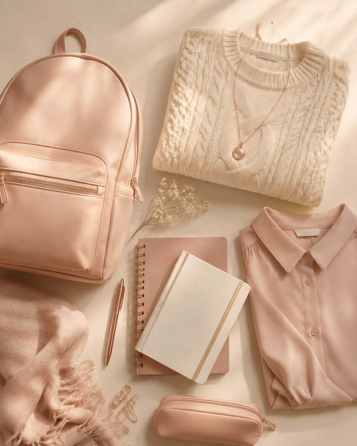 Back-to-school flat lay with backpack, cream knit sweater and blush blouse, school budget shopping