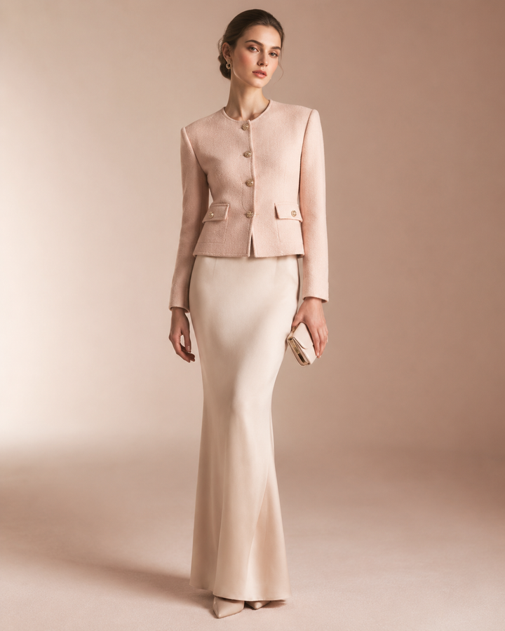 Structured jacket worn over a long column skirt, elegant rose-gold neutral tone