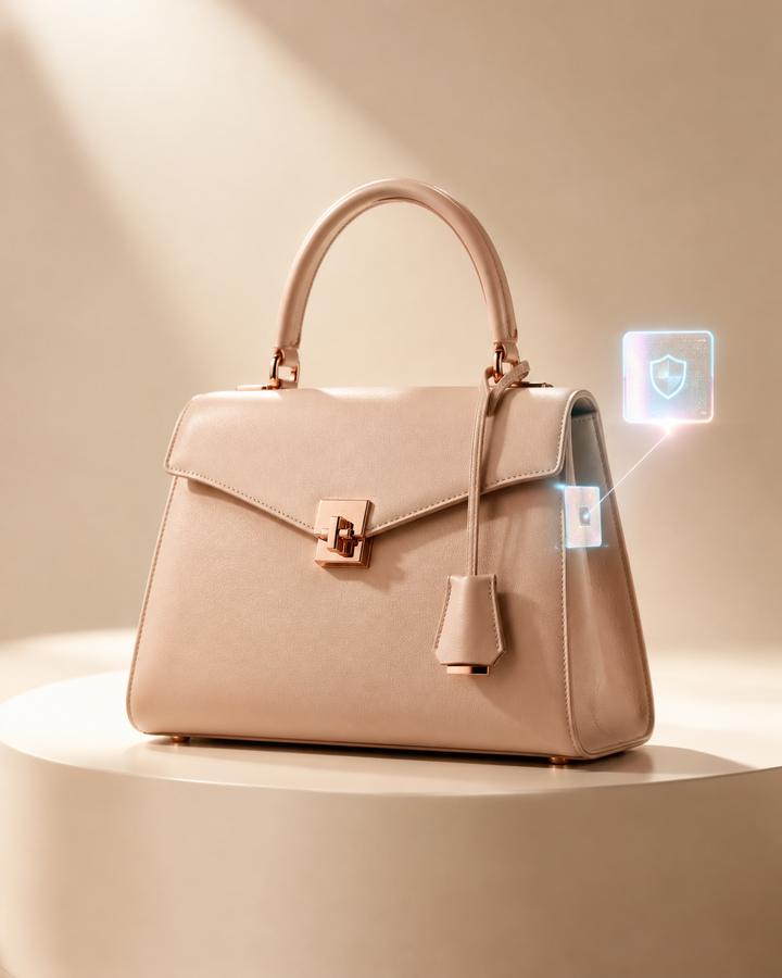 Rose-gold editorial of a luxury handbag under a soft spotlight with a digital authentication hologram tag, symbolizing 2026 resale authentication technology
