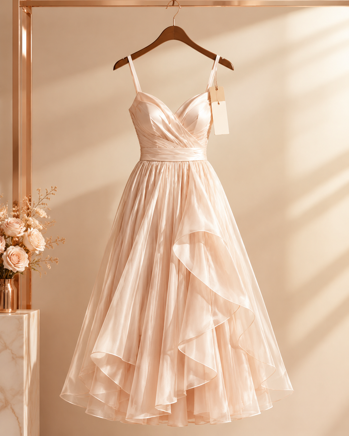 Pristine new dress on a hanger with a new tag, crisp boutique presentation, rose-gold cream palette