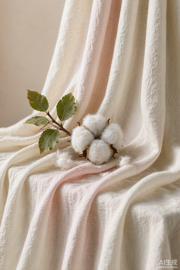Editorial close-up of organic regenerative cotton fabric with a cotton branch, ivory and blush tones
