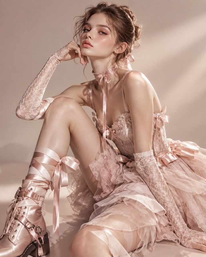 Rose-gold editorial of ballet-inspired rebellious fashion, lace tights and satin skirt