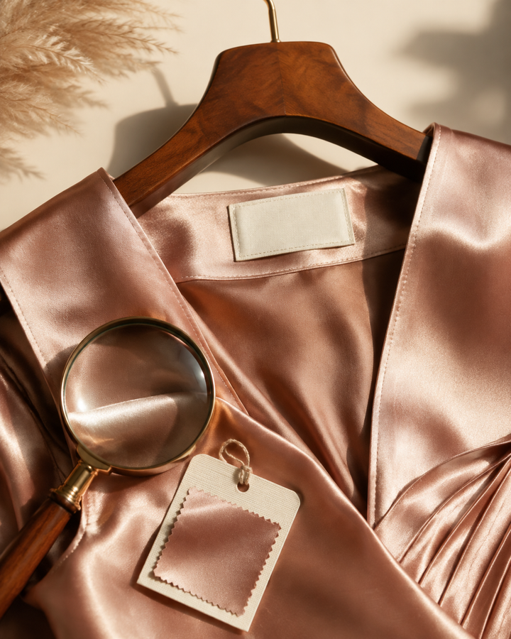Rose-gold satin dress on a hanger with a blank fabric label and magnifier, traceability editorial