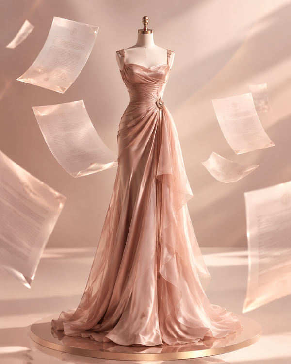 Rose-gold editorial of a dress on a mannequin with floating translucent policy documents, symbolizing tariff policy volatility and supply-chain uncertainty