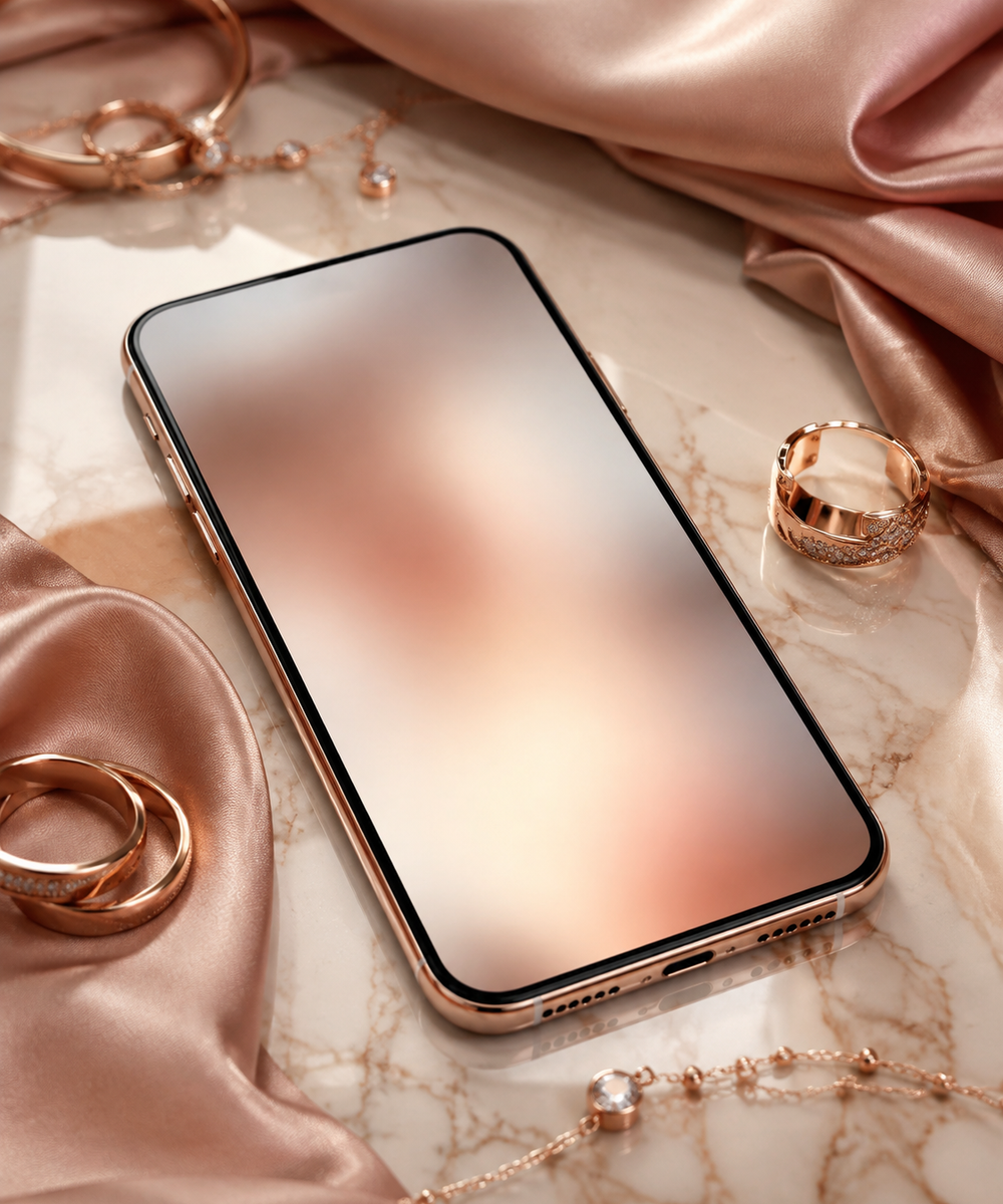 Smartphone and rose gold accessories on cream marble, high-end fashion tech still life