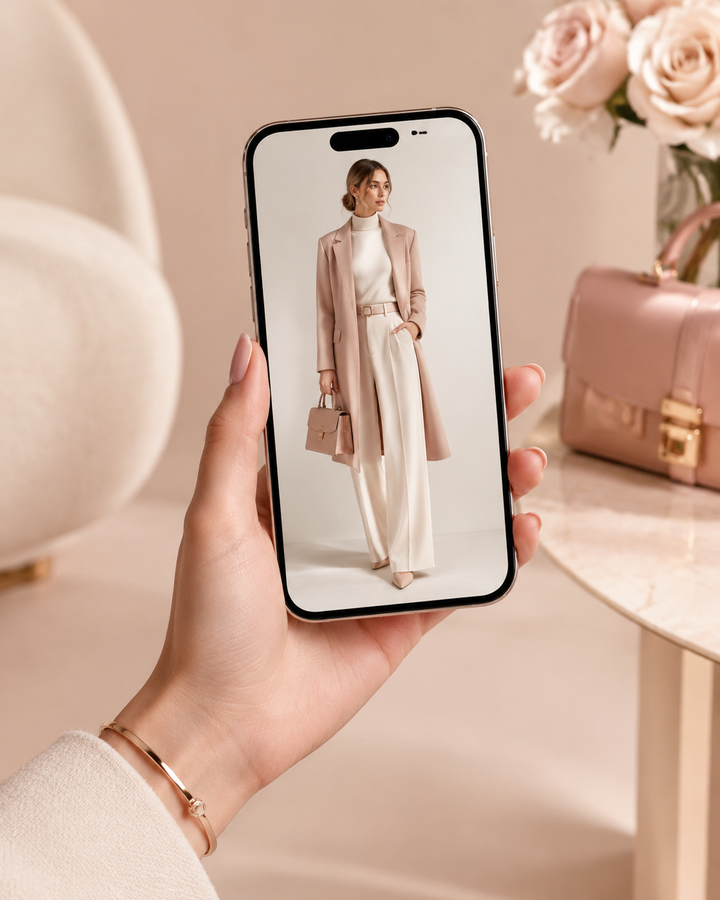 Smartphone showing a screenshot of a fashion outfit, rose-gold