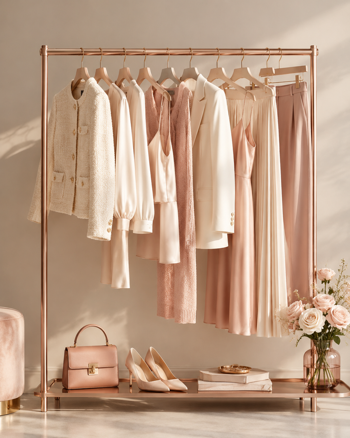 Curated rose-gold capsule wardrobe on a clothing rail with cream and blush separates, soft cinematic light, clean background, no text, no watermark
