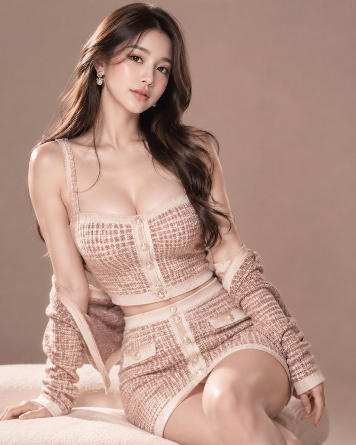 Rose-gold editorial of a structured knit co-ord set representing nearshored Western Hemisphere apparel