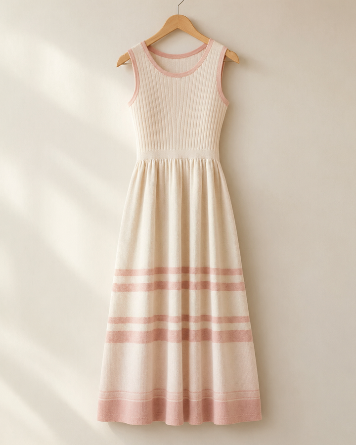 Soft cream and blush regenerative cotton knit dress on a natural wood hanger, regenerative fibers editorial