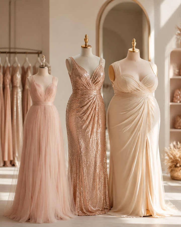 Three dress forms of different sizes draped in blush, rose gold and cream dresses