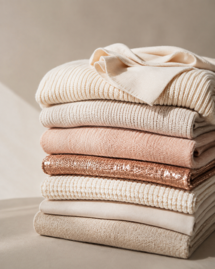 Minimal capsule wardrobe of folded neutral knitwear in cream, oatmeal and blush