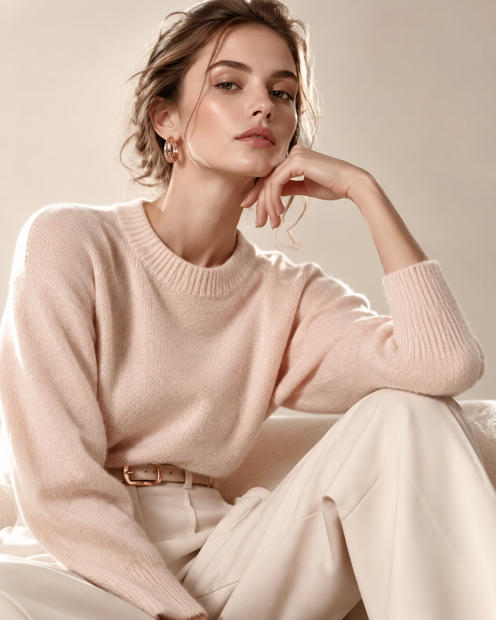 Rose-gold and cream women's fashion editorial, rose-gold workwear, tailored