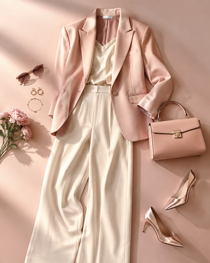 Rose-gold editorial flat-lay representing sustainable apparel and the EU CBAM carbon border tax