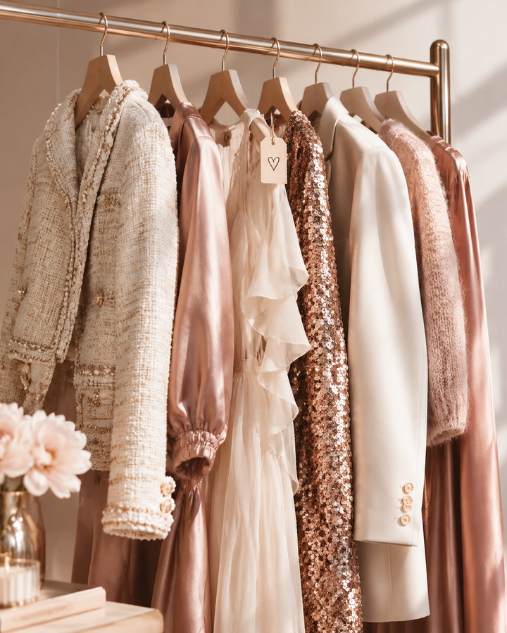 Rose-gold editorial of a curated rack of pre-loved garments with a handwritten tag, womens resale