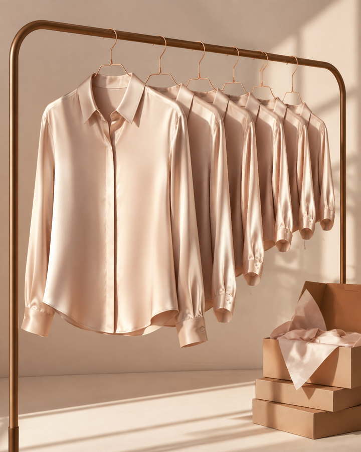 Multiple identical women's blouses in different sizes on a brass rail with return boxes, bracketing online shopping