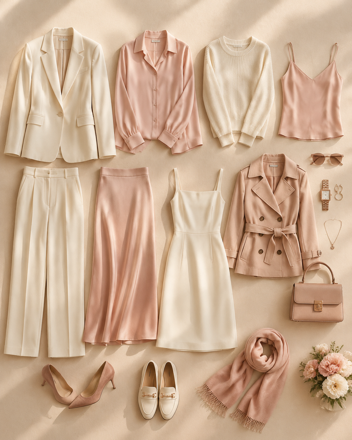 Rose-gold minimalist womenswear capsule flat lay, cream and blush tones, cinematic light