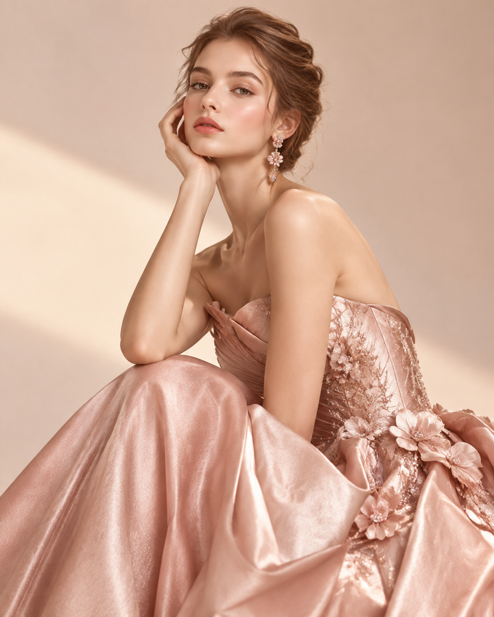 Rose-gold editorial of denim jeans being mended with visible rose-gold stitching, sustainable fashion repair