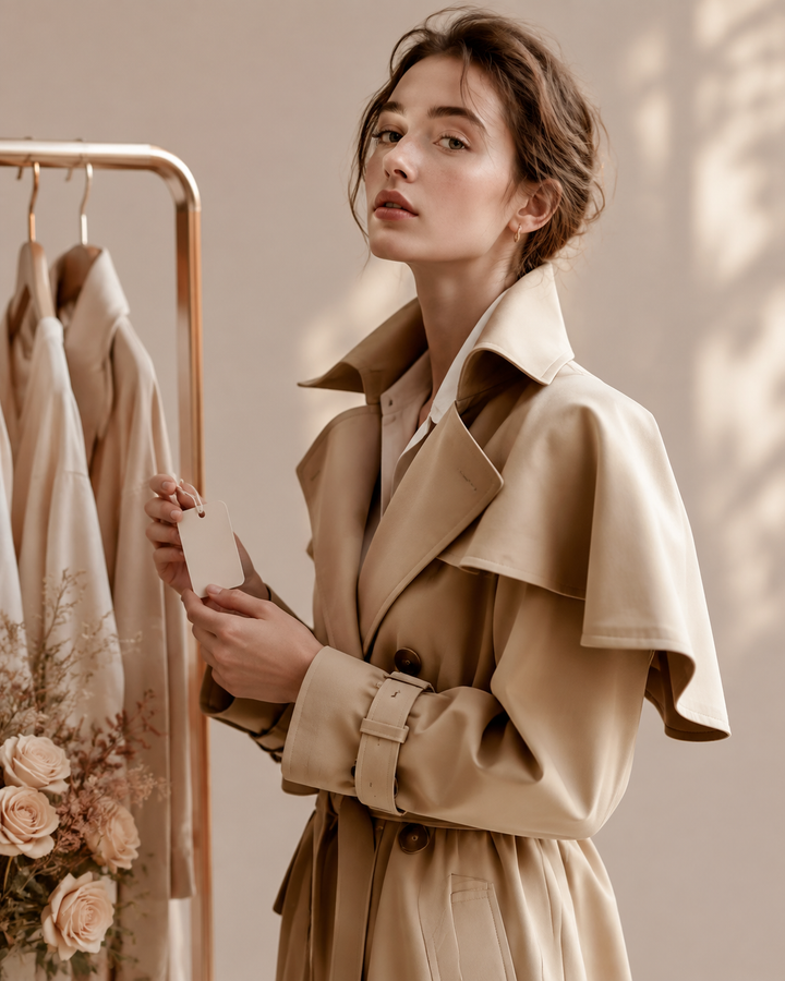 Woman in a structured beige trench coat holding a garment tag, rose-gold and cream palette, clean background