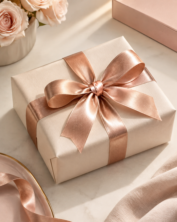 Rose-gold editorial of a neatly delivered parcel with ribbon, trust concept, blush and cream tones, clean studio