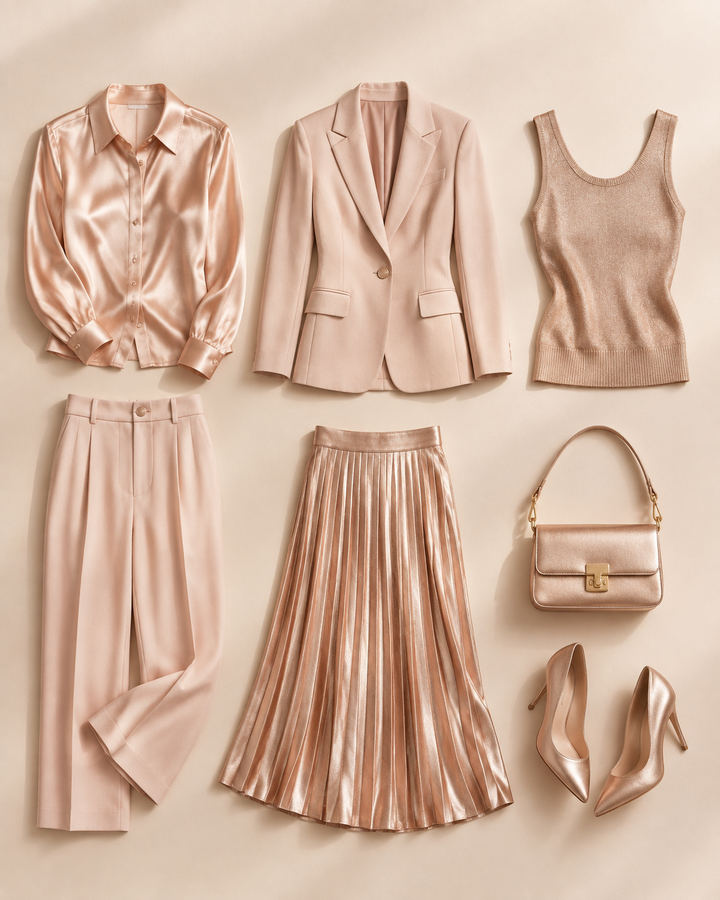Flat-lay of six rose-gold neutral wardrobe pieces, soft blush and cream palette