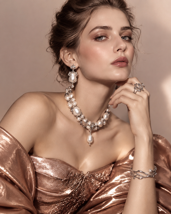 Model wearing baroque pearls and modern silver jewelry with a rose-gold outfit, editorial light, no text