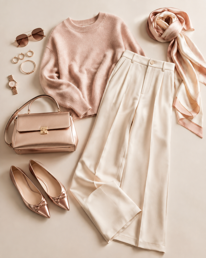 Flat-lay of rose-gold weekend outfit pieces, blush cream