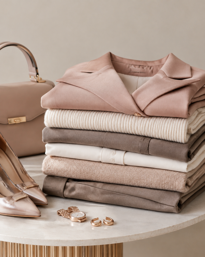 Neat stack of neutral tailored womenswear on a boutique table in taupe tones