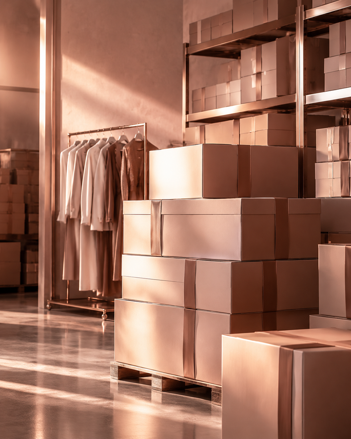 Editorial image of neatly stacked garment boxes in a rose-gold lit minimal warehouse nook, fashion fulfillment concept