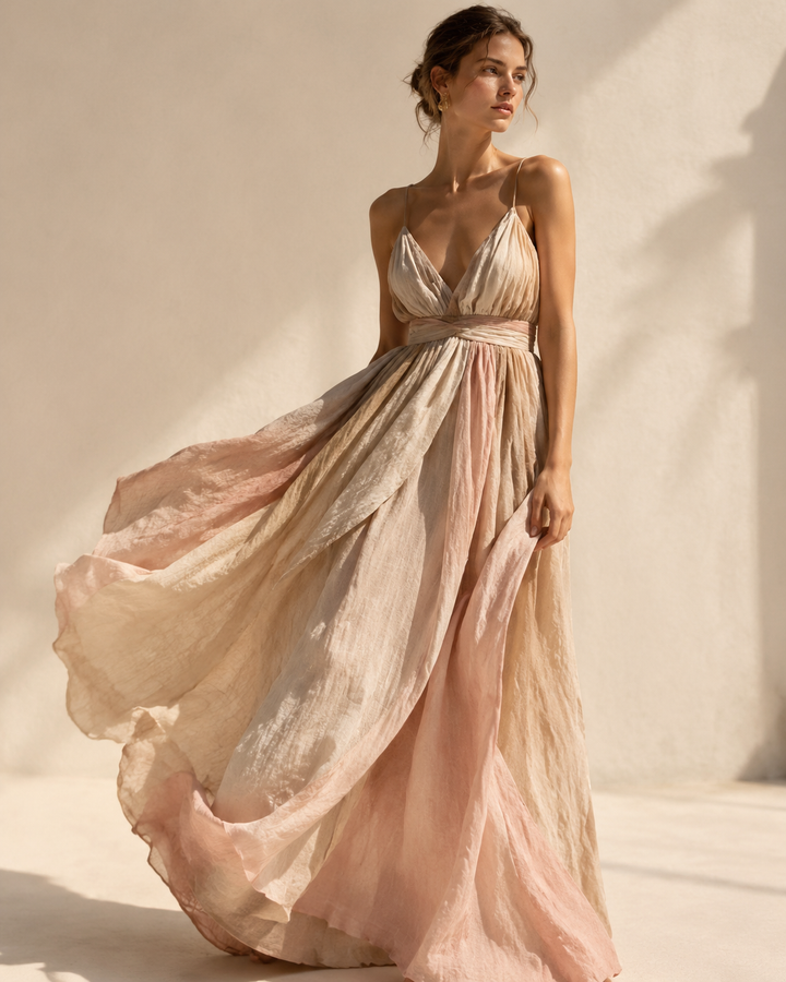 Flowing linen dress in sand and blush tones, Mediterranean near-shoring apparel sourcing