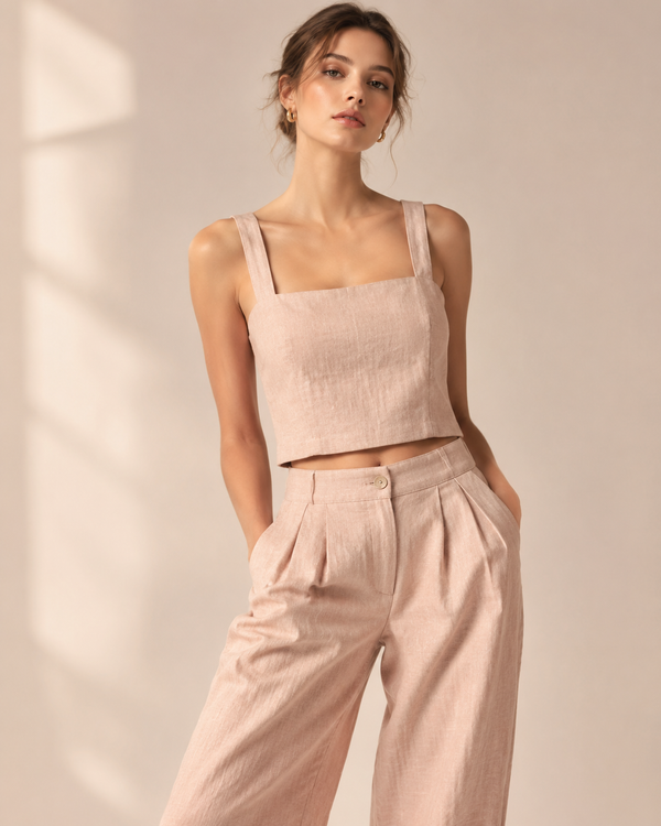 Model in a minimalist linen two-piece set in rose-gold tones