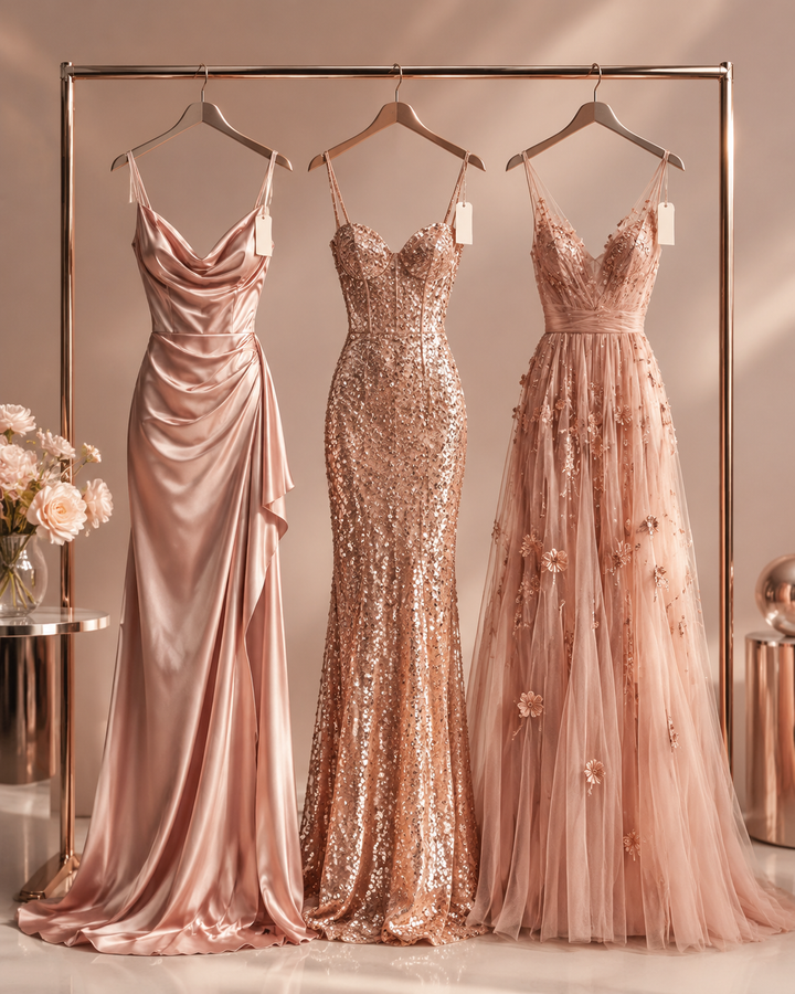 Rose-gold editorial of three dresses on hangers with small price tags, womens dress pricing