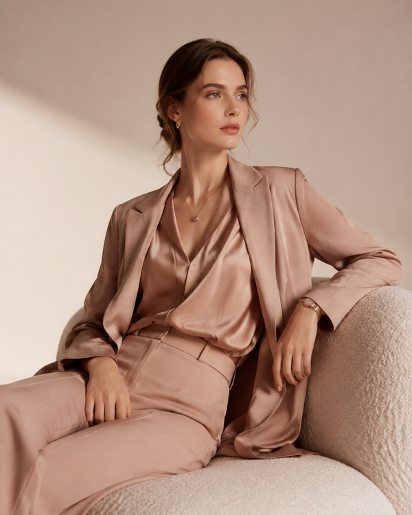 Editorial flat-lay of neutral tailored womenswear in chocolate and cream tones