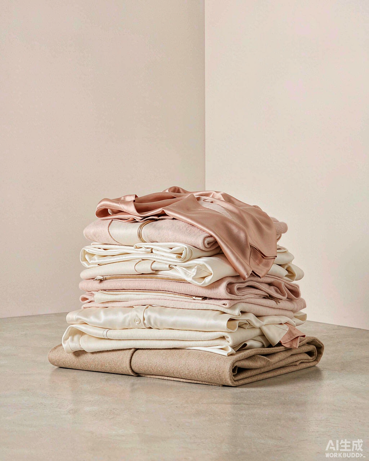 Editorial still life of stacked folded unsold garments in blush and grey, soft shadow, symbolising deadstock and overstock textile waste