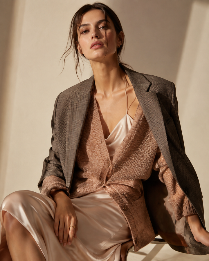 Editorial of a woman in a layered early-fall outfit: a slip dress under a rose-gold knit cardigan and a tailored blazer, cream studio, cinematic light, no text, no watermark